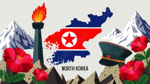 North Korea map illustration with national flag, patriotic symbols, mountains, torch monument, military cap and red flowers