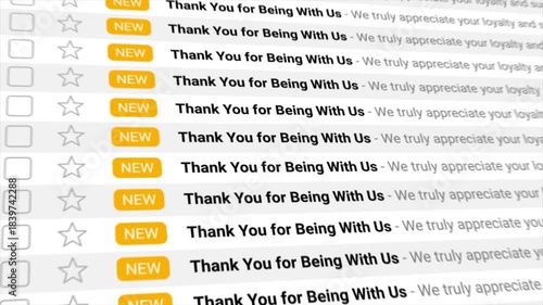 Thank You for Being with Us emails fill a digital inbox in a smooth animated sequence. Perfect for illustrating customer loyalty, appreciation, marketing success, and effective digital communication.