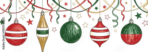 Festive Holiday Ornaments and Streamers Illustration on Black Background