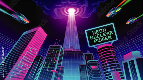 Futuristic neon nuclear power cityscape with flying cars, glowing skyscrapers and cyberpunk energy beam in night sky