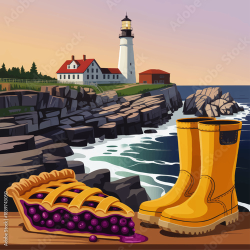 Coastal lighthouse at sunset with blueberry pie and yellow rain boots on rocky ocean cliff, colorful Maine seaside illustration