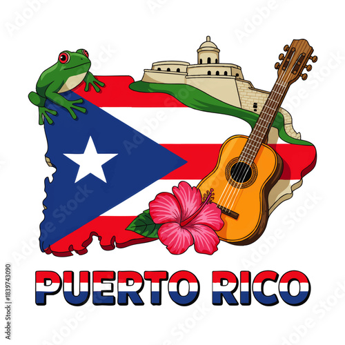Puerto Rico illustration with flag map, El Morro fortress, frog, guitar and hibiscus flower for travel and tourism design