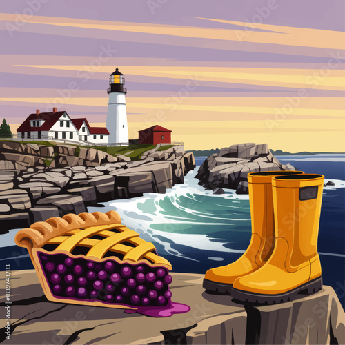 Coastal lighthouse landscape with blueberry pie slice and yellow rain boots on rocky ocean shore at colorful sunset illustration