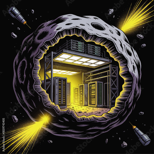 Futuristic asteroid data center in outer space, sci fi server farm illustration with glowing yellow lights and high tech space station