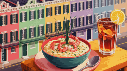 Colorful Southern street cafe scene with shrimp risotto bowl and iced tea glass overlooking pastel townhouses at sunset