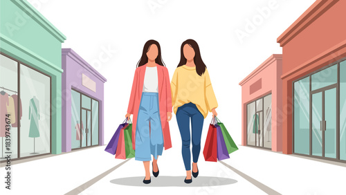 Two stylish women in cozy sweaters and denim stride confidently past pastel-colored storefronts, their hands laden with vibrant shopping bags that suggest a successful afternoon of retail therapy