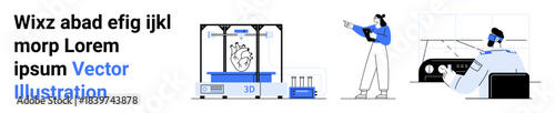 3D printer creating an organ model, a researcher writing on a tablet, and a team discussing results. Ideal for innovation, science, technology, research, teamwork, design simple landing page