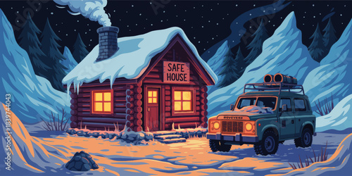 Cozy winter safe house log cabin and off road SUV in snowy mountain night forest, adventure survival illustration background
