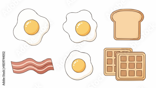 Delicious Breakfast Food Items Including Fried Eggs Bacon Waffles and Toast.