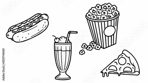 Delicious fast food items including hotdog pizza milkshake and popcorn.