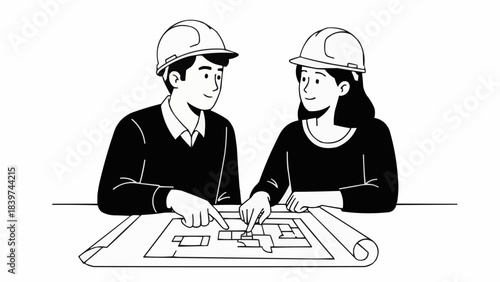 Two architects collaborating on a blueprint at a table.