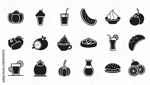 Assortment of various food and beverage icons in black and white.