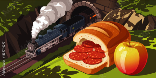 Vintage steam train in mountain tunnel with picnic sandwich and apple, colorful travel food illustration for adventure and tourism design