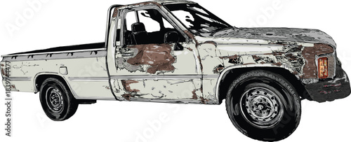 Distressed Vintage Pickup Truck with Rusty Paint Detailed Vector Illustration
