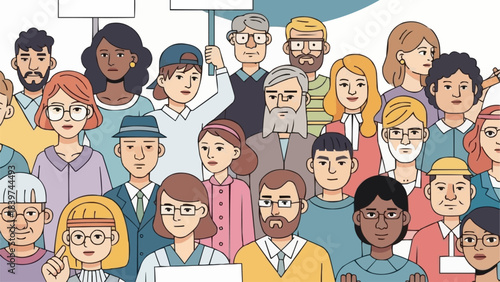 Diverse group of people standing together in a crowd.