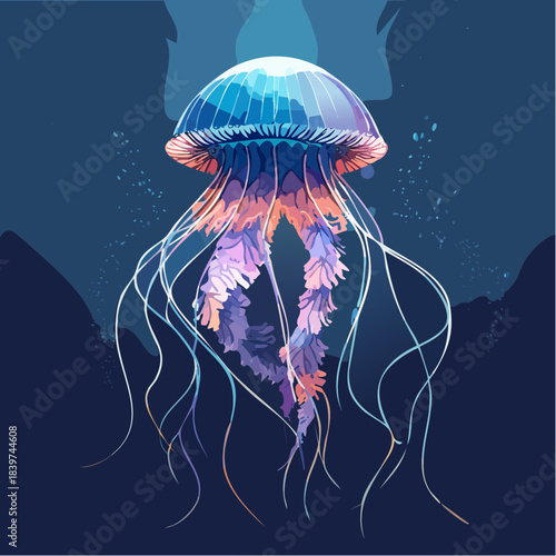 Detailed Jellyfish Illustration with Bioluminescent Tentacles in Deep Ocean.