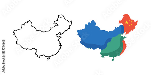 Outline and colored map of china divided into regions
