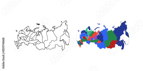 Outline and colored map of russia showing administrative divisions