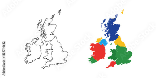 Outline and colored map of the united kingdom divided into regions