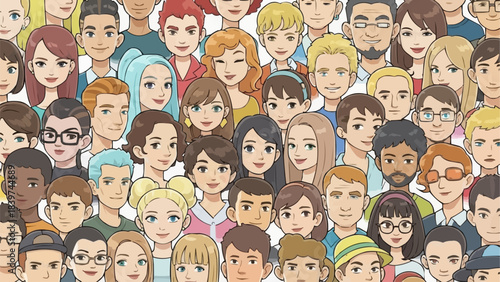 A diverse crowd of cartoon people faces together in a seamless pattern.