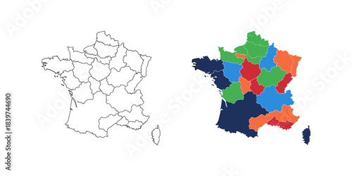Outline and colored map of france divided into regions