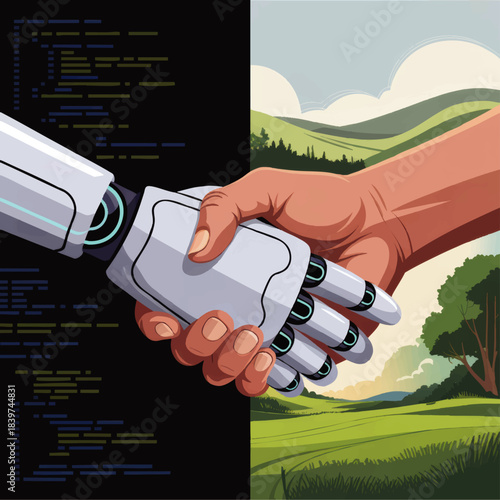 Human and robot handshake symbolizing ethical artificial intelligence partnership with coding and nature landscape background