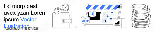 E-commerce, digital wallets, online transactions, financial technology, retail business, consumer spending. Graphic of a storefront, wallet coins and boxes. E-commerce and digital wallets concept