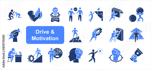 Drive and Motivation icon set with Motivation, Determination, Willpower, Courage, Action, Ambition, Achievement simple vector.
