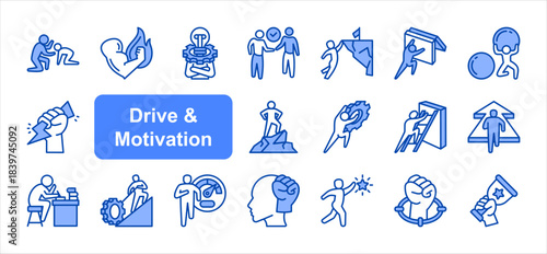 Drive and Motivation icon set with Motivation, Determination, Willpower, Courage, Action, Ambition, Achievement simple vector.