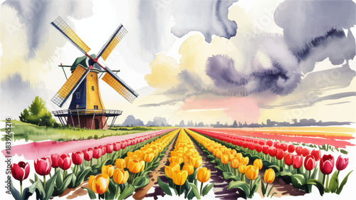 Colorful tulip field with traditional windmill at sunrise, watercolor landscape illustration of Dutch spring countryside panorama