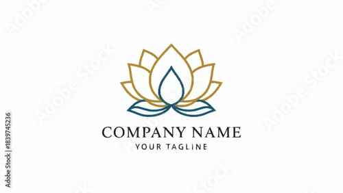 An elegant and minimalist lotus flower logo design featuring gold outlines and a blue central element, with placeholder text for company name and tagline.