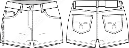 Denim shorts technical fashion illustration, vector flat sketch, front and back view, women jeans design template, apparel clothing drawing