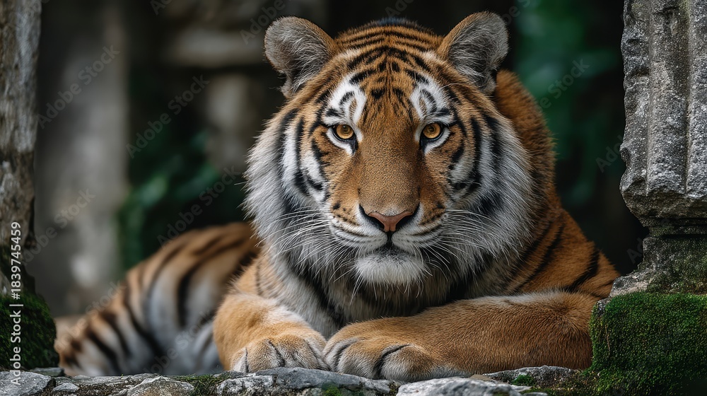 Obraz premium Intense Tiger Portrait: Majestic Wild Cat with Golden Eyes, Wildlife, Animal