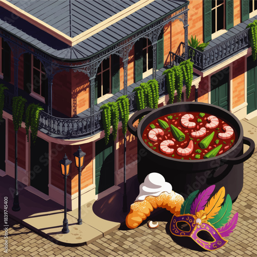 Colorful New Orleans street scene with iron balcony, shrimp gumbo pot, beignet dessert and Mardi Gras carnival mask illustration