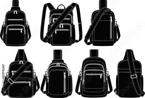 Detailed vector illustration set of modern sling backpacks and crossbody bags featuring multiple compartments, zippers, adjustable straps, 