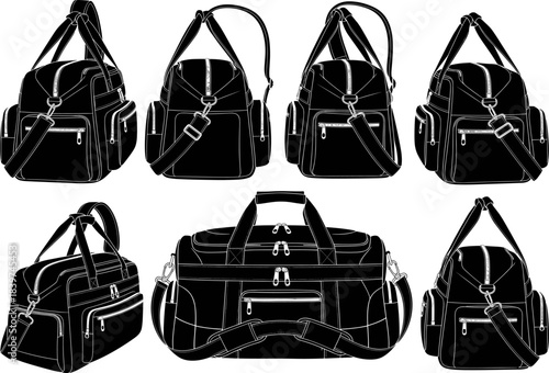 Detailed vector illustration set featuring multiple angles of modern travel backpacks and a large duffel bag, highlighting zippers, straps, compartments, 