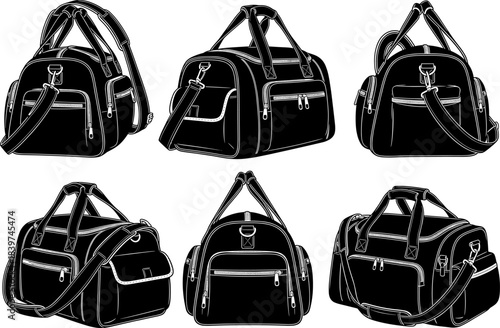Detailed vector illustration set of stylish travel duffel bags with multiple pockets, zippers, shoulder straps, modern design elements, perfect for luggage and accessory branding