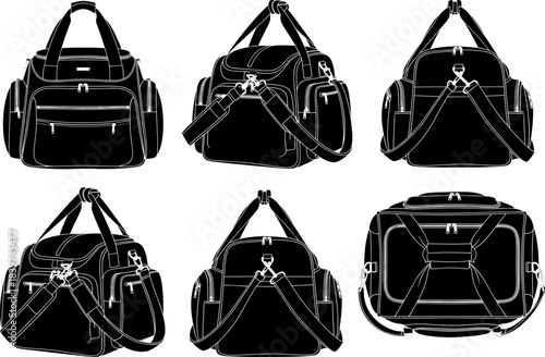Detailed vector illustration set of modern travel duffel bags showing multiple angles, structured design, zipper pockets, sturdy straps, ideal for luggage branding and promotional graphics