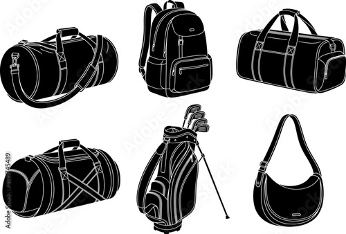 Detailed vector illustration set showcasing duffel bags, backpack, golf bag, and shoulder bag with clean outlines, modern styling, and versatile travel and sports functionality