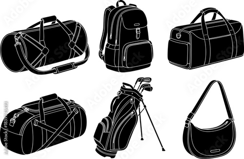 Detailed vector illustration set showcasing duffel bags, backpack, golf bag, and shoulder bag with clean outlines, modern design, and versatile travel or sports functionality