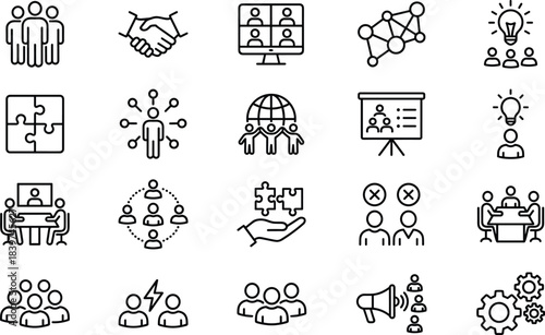 Business Teamwork Collaboration Icons Set Partnership Meeting Global Communication Idea Brainstorming Puzzle Connection Group Management Outline Vector Interface