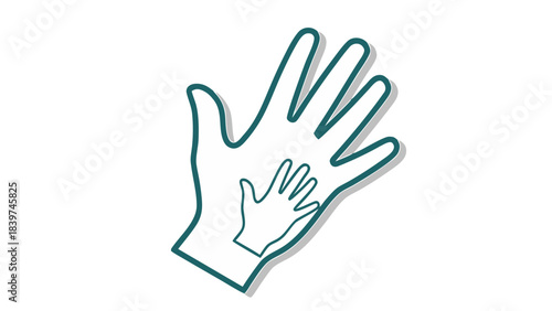 Graphic illustration of a large white hand with a smaller white hand inside on a black background symbolizing protection guidance and family love