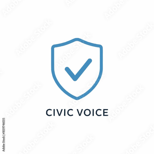 A blue shield icon with a checkmark and "CIVIC VOICE" text, symbolizing security, validation, and community engagement.