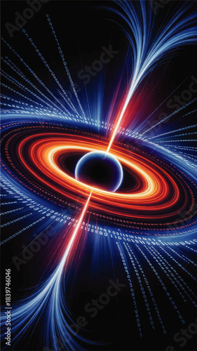 Futuristic black hole with binary code streams and energy beams, digital data vortex, sci fi cosmic technology background
