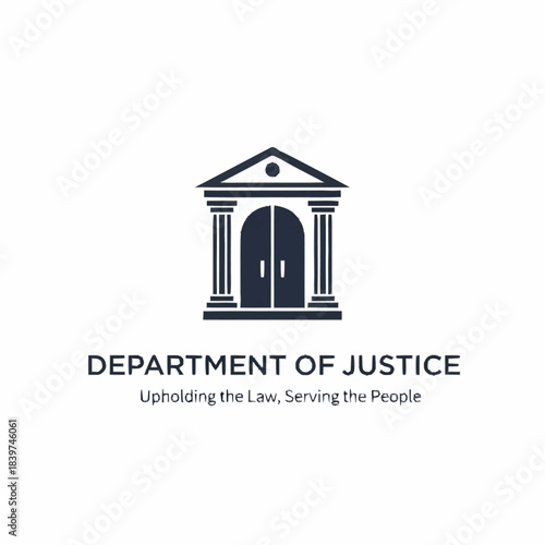 Stylized logo for the Department of Justice featuring a classical building with columns and a pediment, accompanied by its motto.