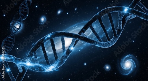 A luminous depiction of DNA spirals against a backdrop of cosmic nebulae and celestial bodies.