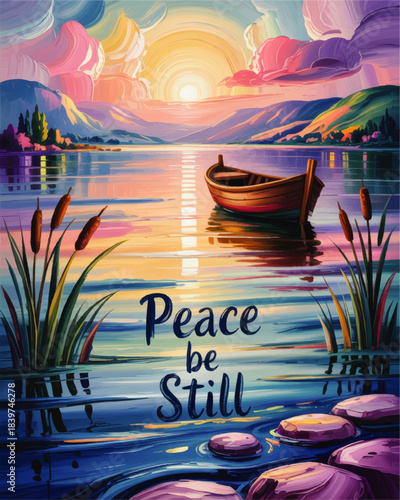 Peace Be Still inspirational lake sunset illustration with wooden boat, colorful sky clouds, tranquil water landscape art print