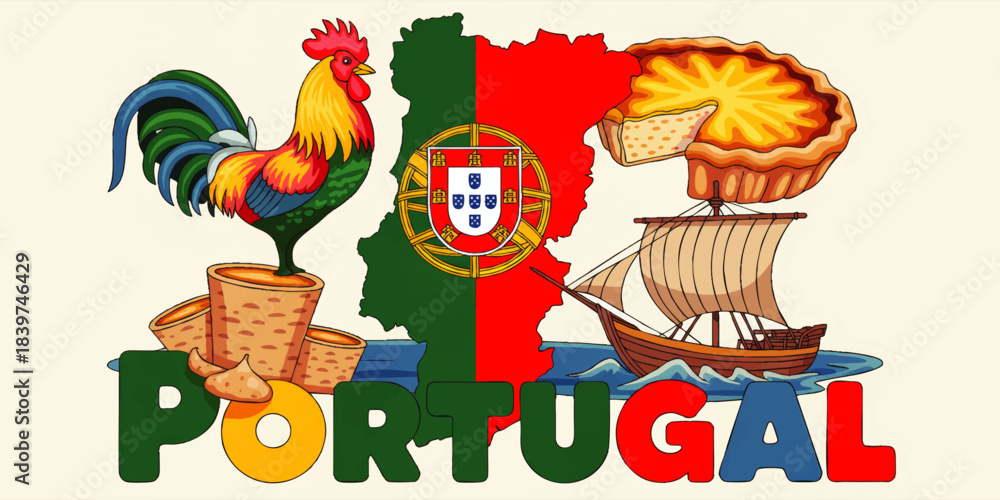 Obraz premium Colorful Portugal travel illustration with rooster, custard tart, sailing ship and map with national flag for tourism design