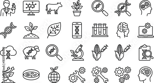 Genetics, Biotechnology, and Bioengineering Icon Set: DNA Research, Genetic Modification, Agricultural Innovation, Cloning, and Scientific Development Line Icons