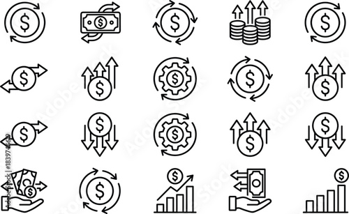 Financial Economy Money Flow Icons Set Investment Growth Dollar Currency Transaction Exchange Business Trade Chart Coin Arrows Outline Vector